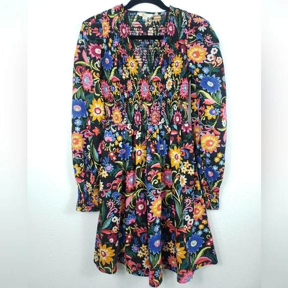 Boden | Dresses | Boden Smocked Bodice Ruched Sleeves Mini Dress Black  Gardenia Pop 2 Regular | Poshmark